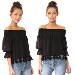 MISA Los Angeles Fontane Off The Shoulder Top, Tassel Trim Black Onyx sz. XS